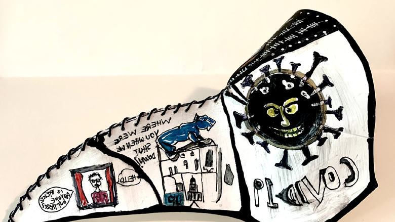 Illustration of a plague mask with comic style words and images drawn on it